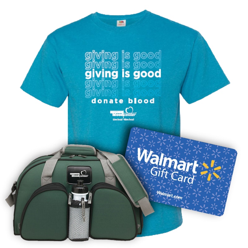 Giving is Good T-shirt, Walmart gift card and duffel bag.